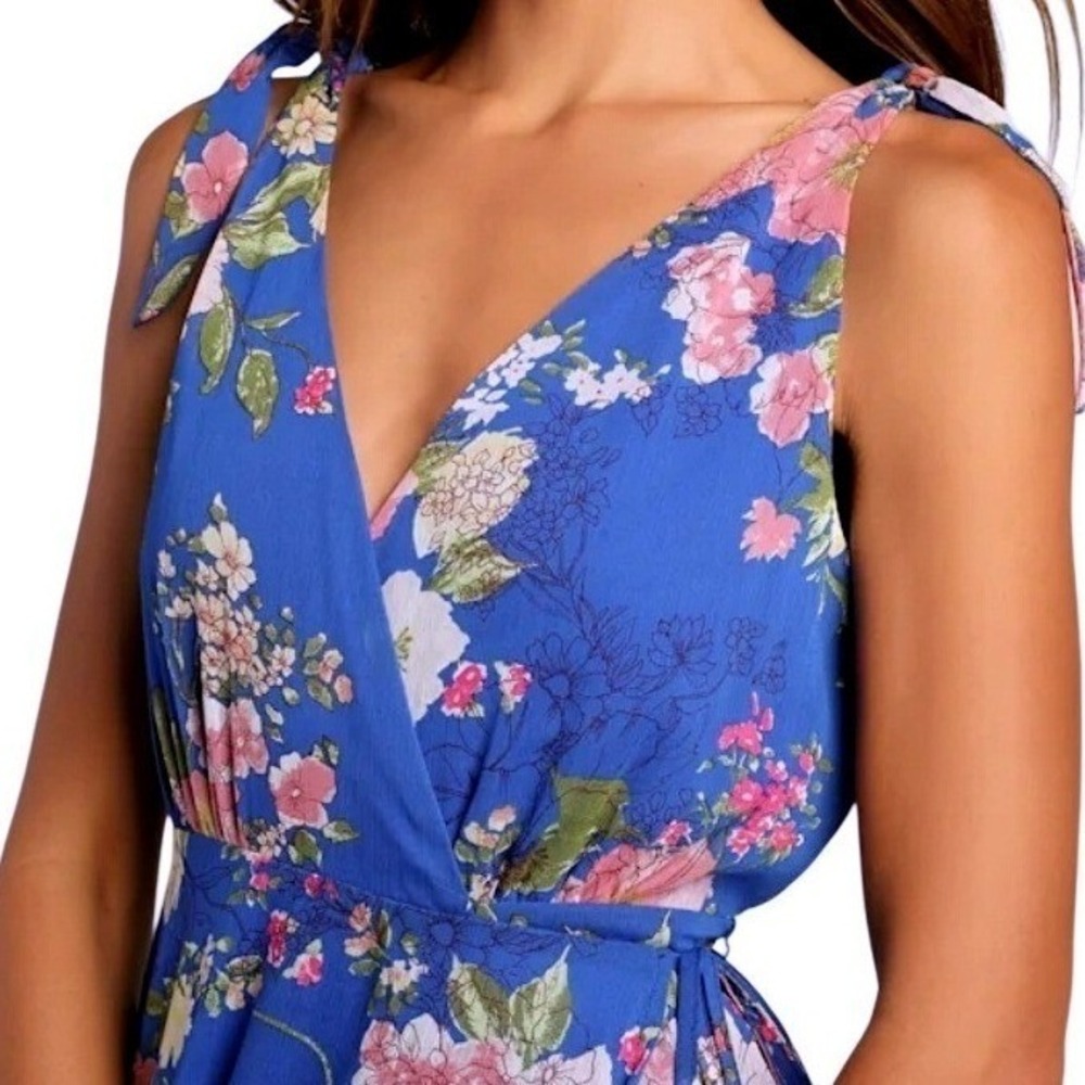 NWT Lulus Sensational Season Blue Floral Tie-Strap‎ Wrap Midi Dress S Sundress - Picture 4 of 10